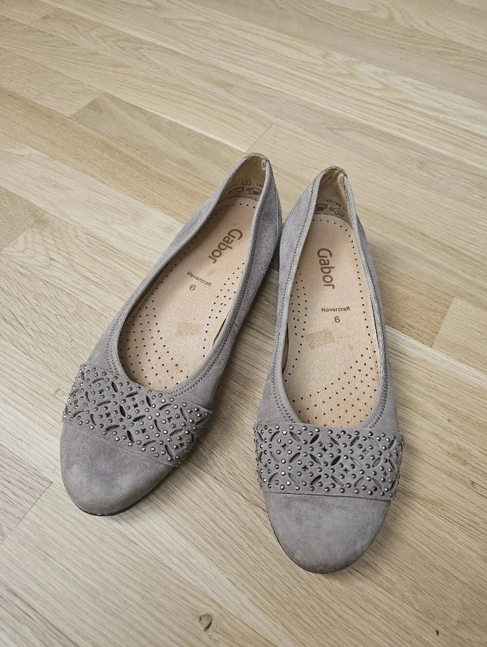 Gabor Leather Perforated Laser Floral Hovercraft Ballet Flats – Suede Taupe